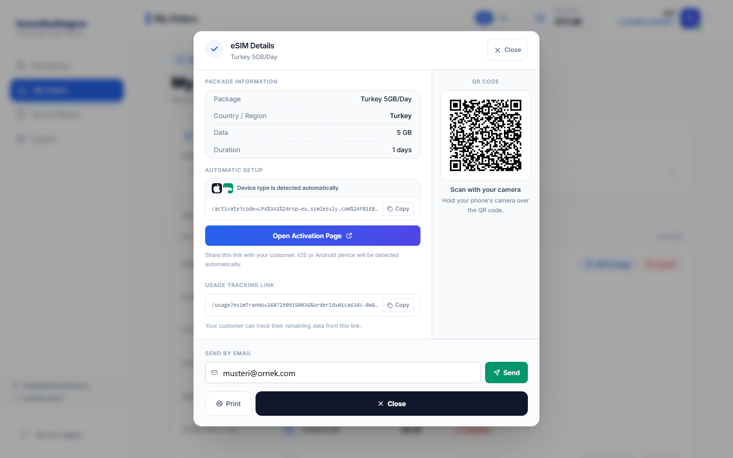 QR kod ve e-posta gönderim ekranı